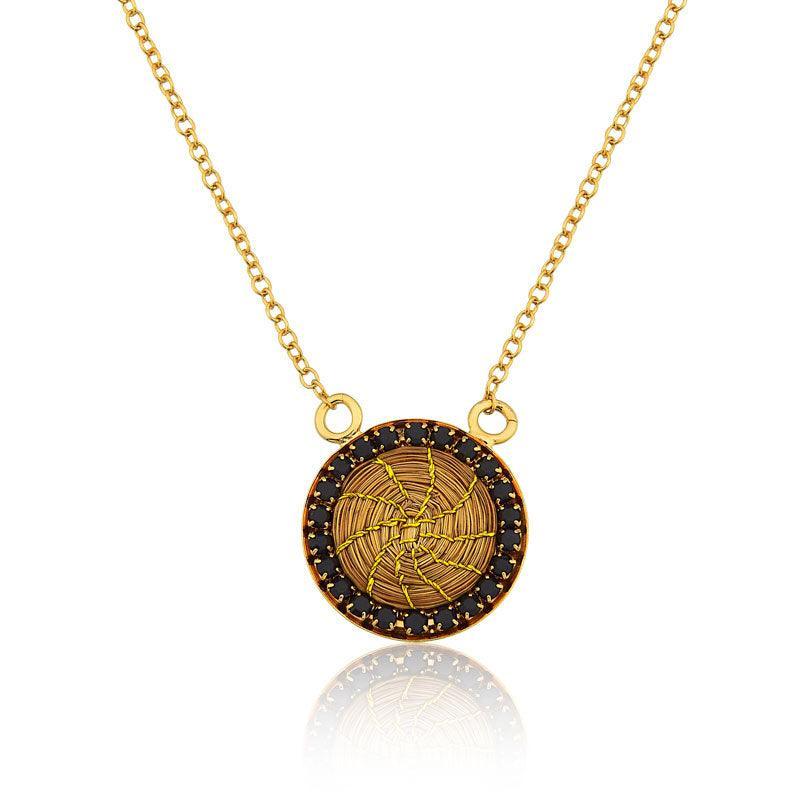 Handcrafted golden grass mandala necklace with black zirconia stones on gold chain