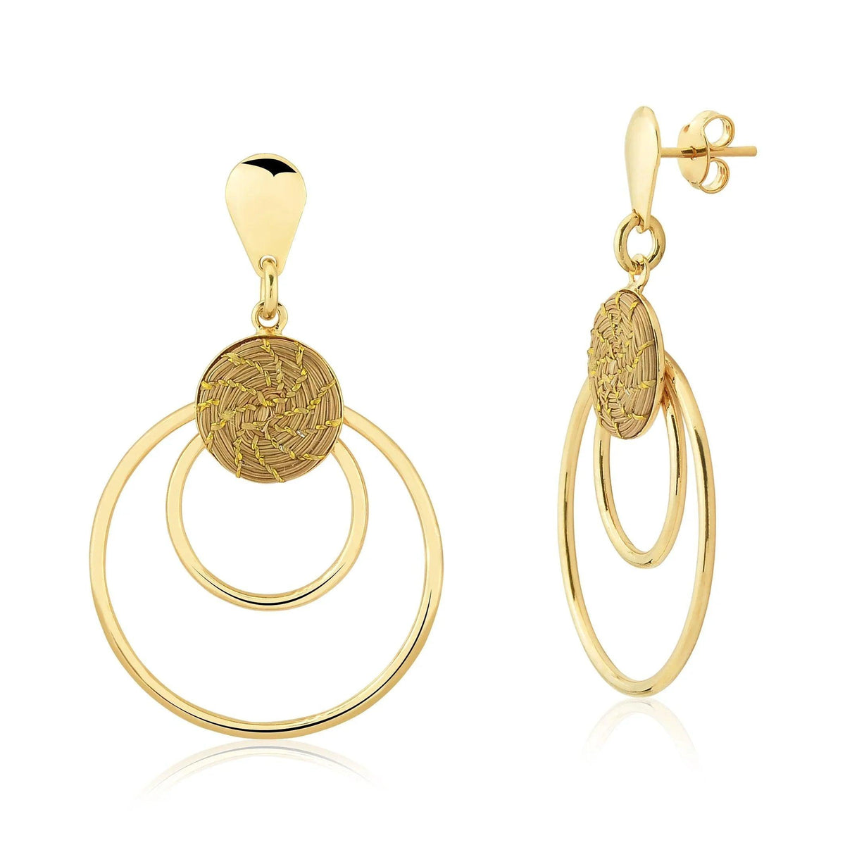 Handcrafted golden earrings with double circles and woven mandala center, sustainable jewelry