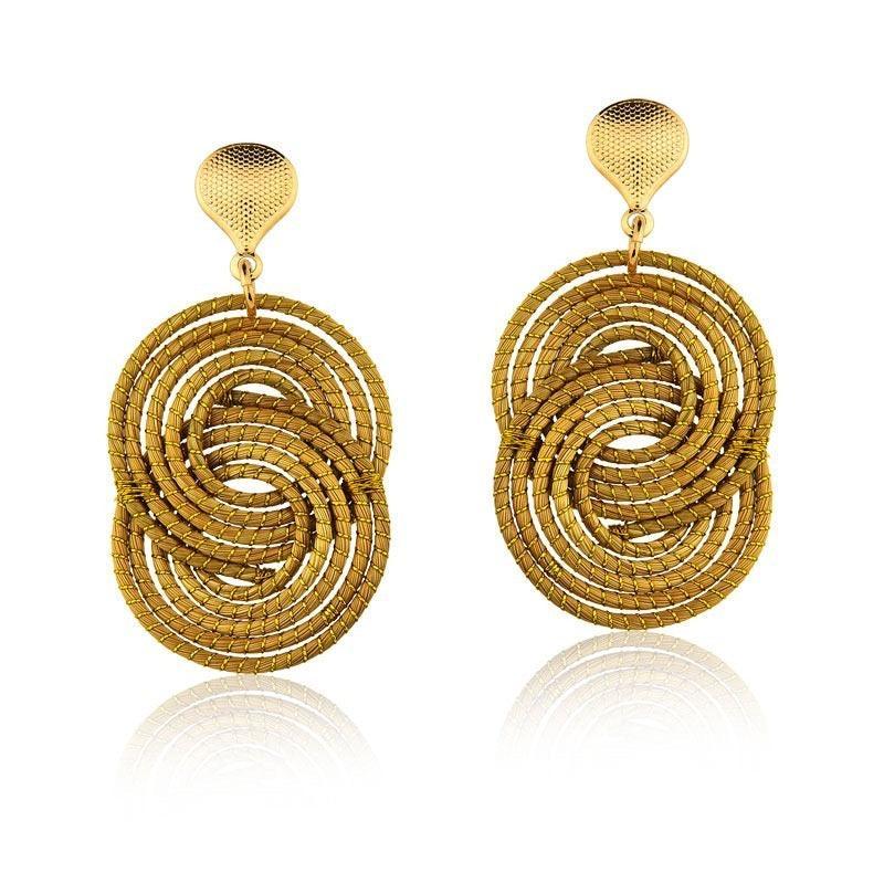 Golden grass intertwined circles drop earrings with textured stud backings on white background