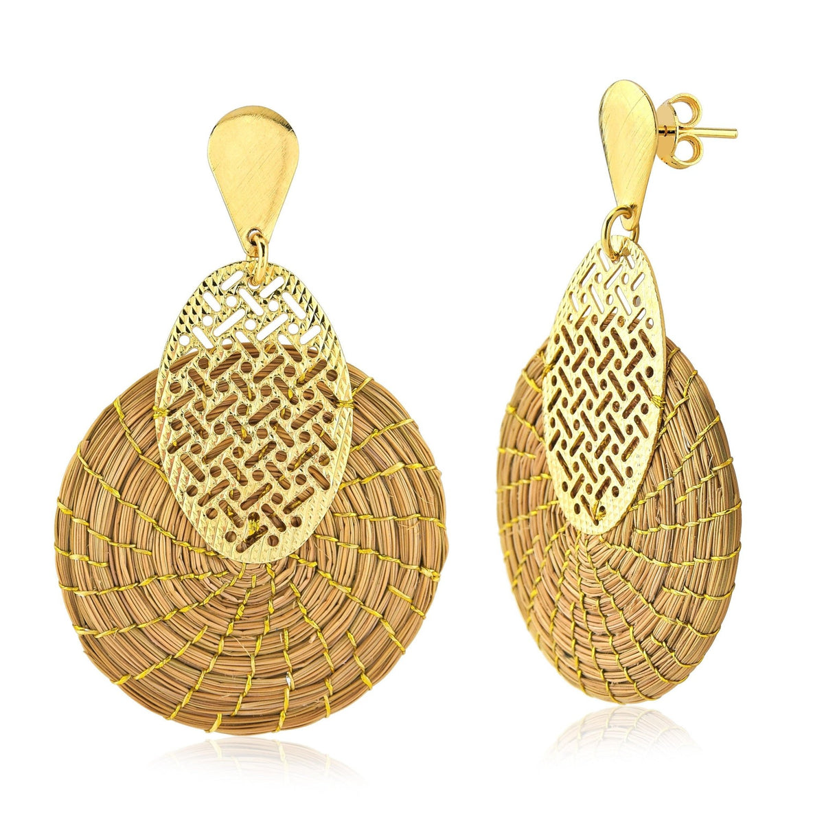 Handwoven golden grass mandala earrings with intricate gold-tone filigree accents