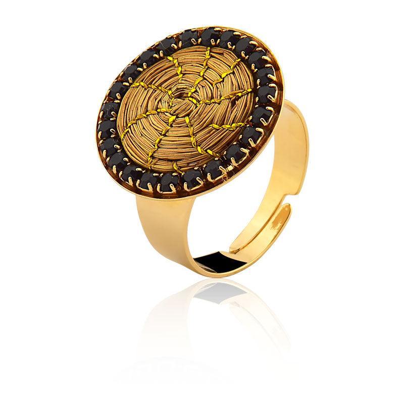 Gold ring with woven golden grass mandala and black zirconia accents, sustainable jewelry