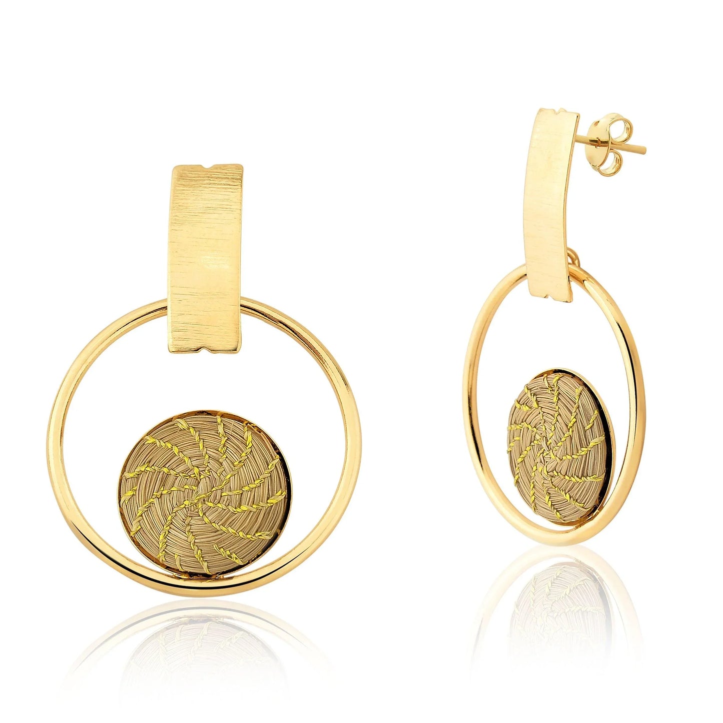 Gold circle earrings with woven mandala center, sustainable handcrafted jewelry