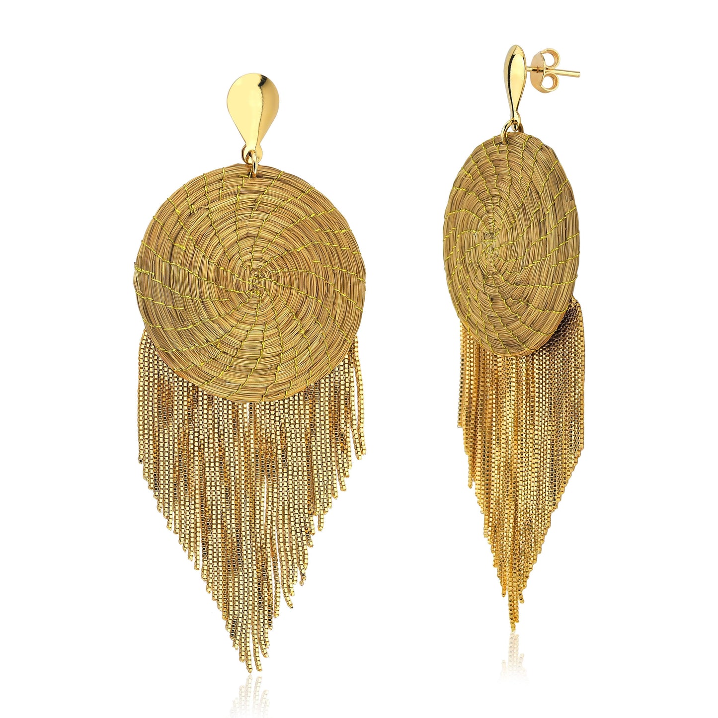 Handcrafted golden grass mandala earrings with gold fringe and woven circular design