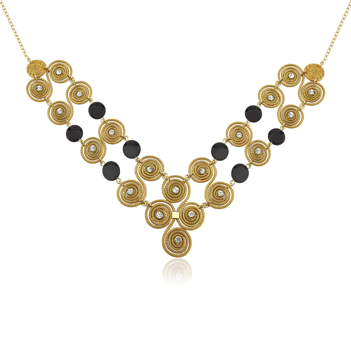 Golden grass mandala necklace with zirconia accents and black jasper stones on white background