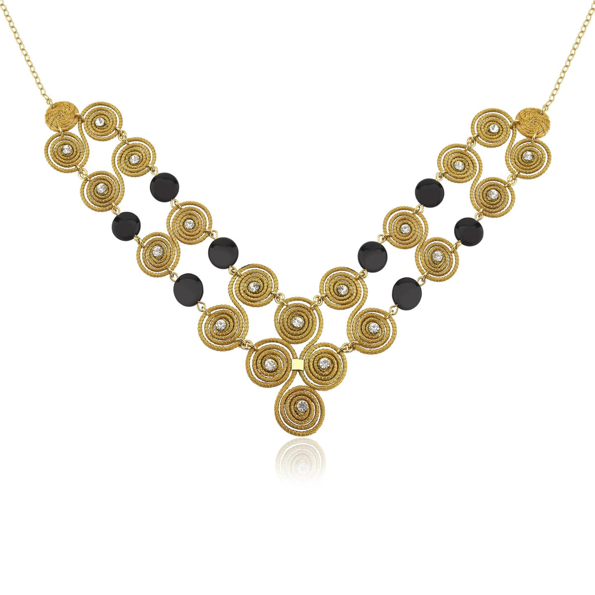 Golden grass mandala necklace with zirconia accents and black jasper stones on white background