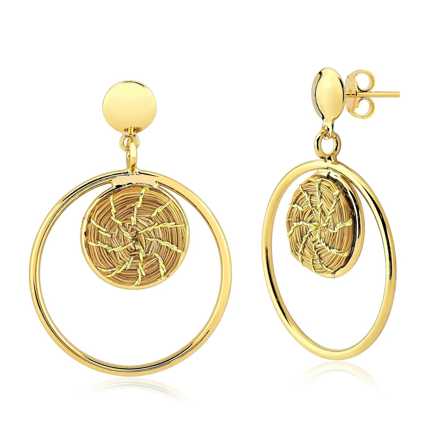 Handcrafted golden grass mandala circle earrings with intricate woven detail