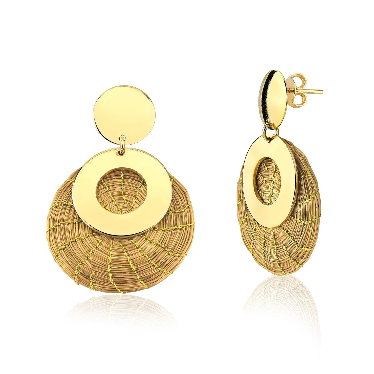 Handcrafted golden grass hoop earrings with circular gold accents