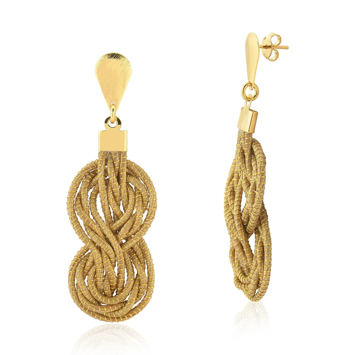 Pair of twisted golden grass drop earrings with a teardrop stud design on white background