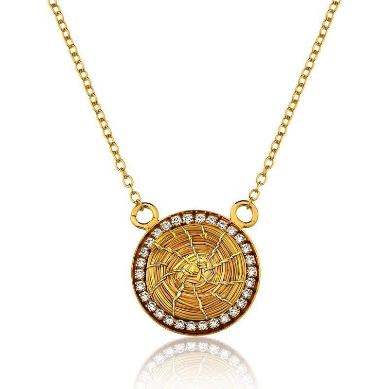 Gold mandala necklace with woven center and zirconia stones, sustainable jewelry