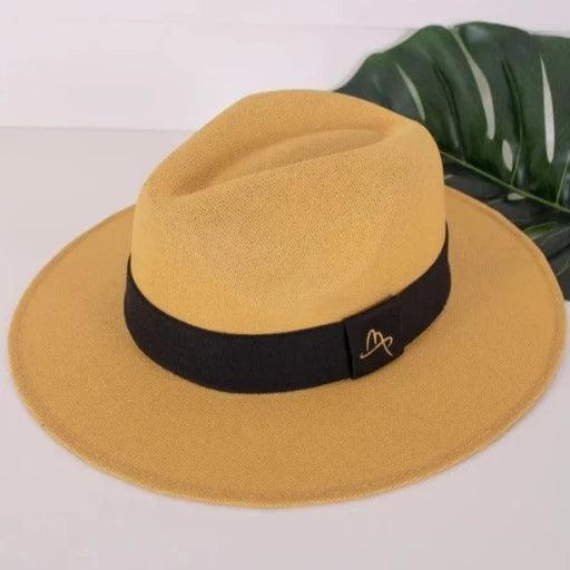 Beige Panama-style straw hat with black band, displayed on a flat surface with a green leaf.