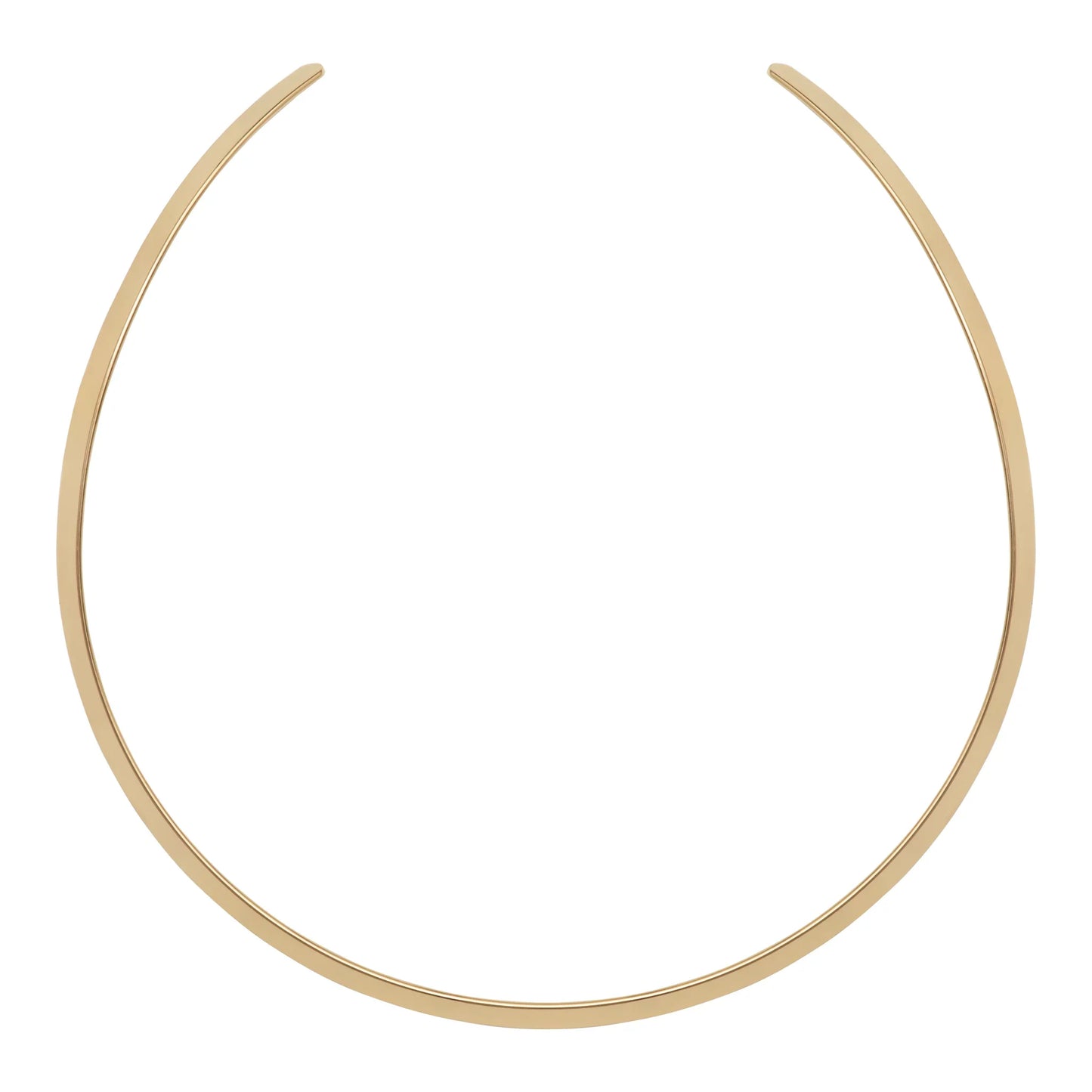 Minimalist gold torque necklace with open ends, modern and elegant jewelry design