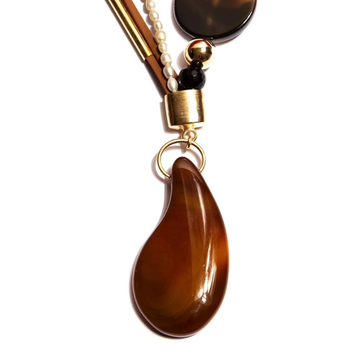 Agate drop pendant necklace with gold accents, pearl and gemstone beading on white background