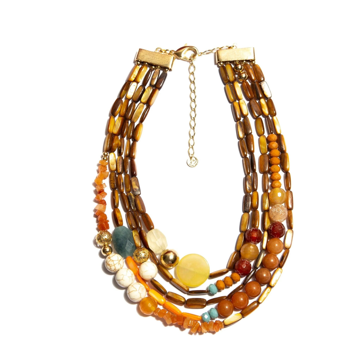 Multi-strand festival necklace with earthy beads, gold accents, and colorful stones on white background.