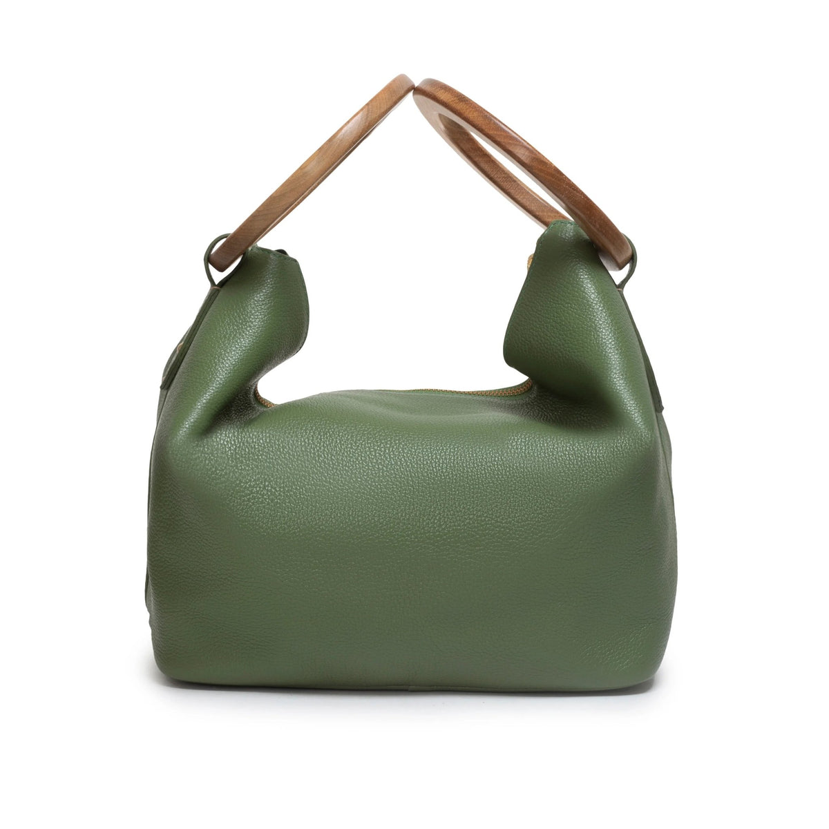 Green leather handbag with wooden handles, sustainable fashion accessory on white background