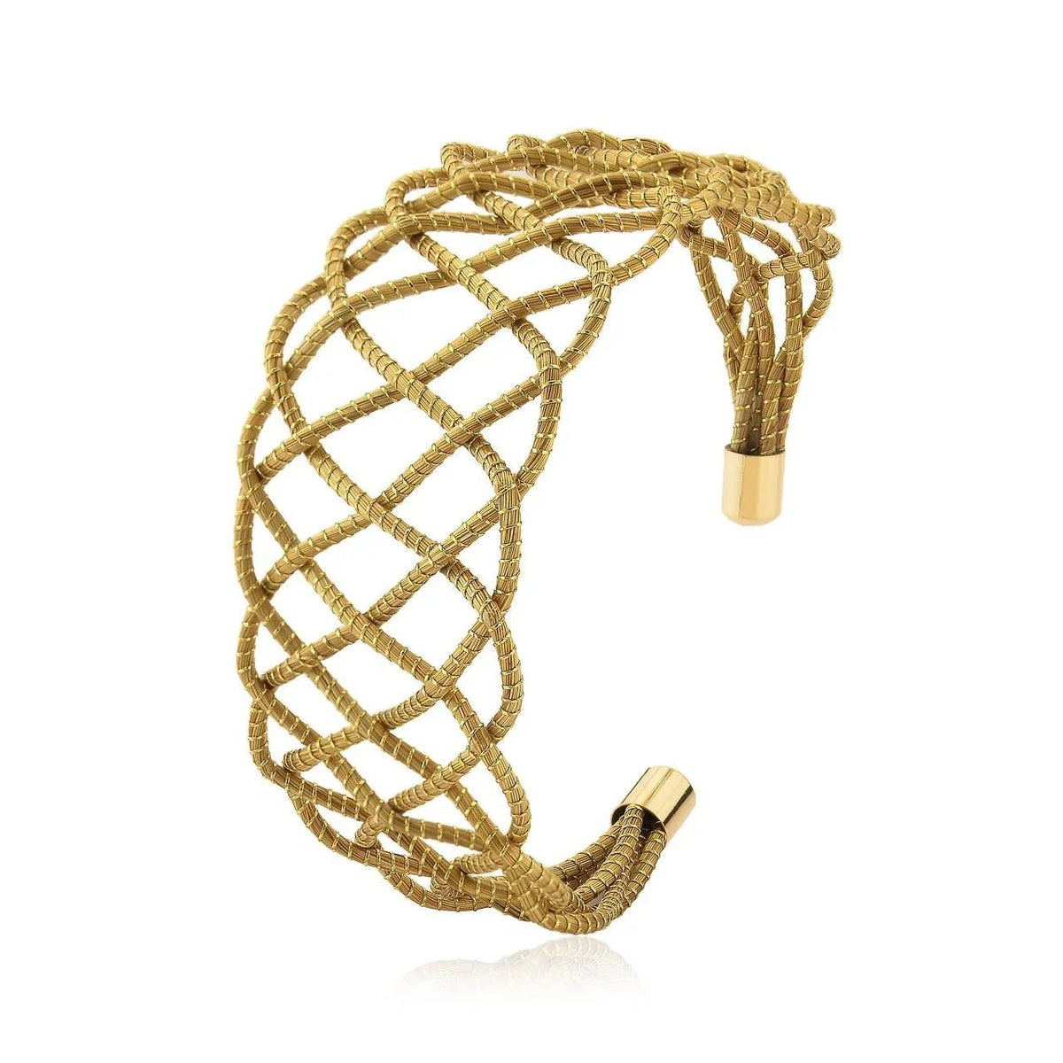 Handcrafted golden grass open cuff bracelet with woven, lattice design on white background