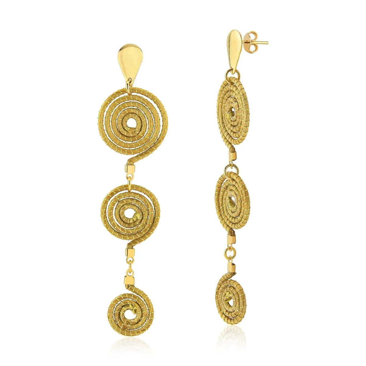 Handcrafted golden grass dangle earrings with three spiral swirl accents on white background