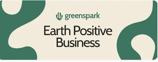 Greenspark Earth Positive Business badge with abstract green patterns, sustainability focused