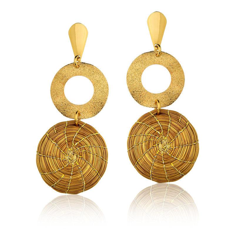 Golden Grass Mandala and Metal Hoop Earrings