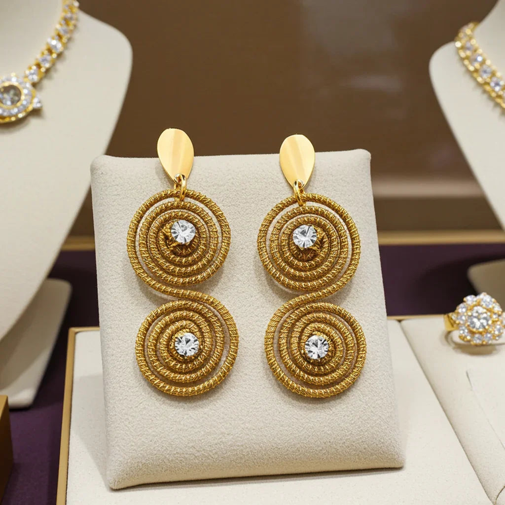 Golden Grass Swirls and Zirconia Earrings